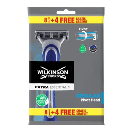 Wilkinson Sword 70000570 - Rasoio Usa e Getta Extra 3 Essentials - Rasoio a 3 Lame per Uomo - Confezione da 8 Rasoi + 4 in Omagg