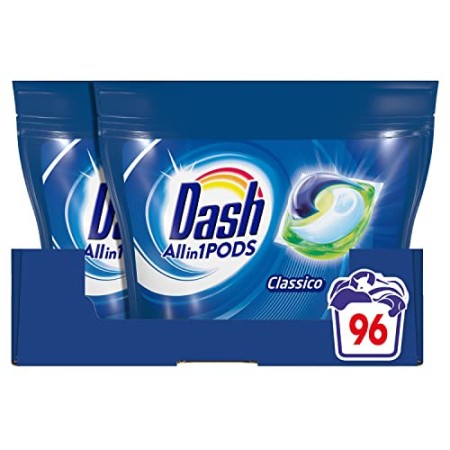 Dash All in 1 Pods Detersivo Lavatrice in Capsule, 96 Lavaggi (2 x 48), Classico, Maxi Formato, Rimuove le Macchine, Brillantezz