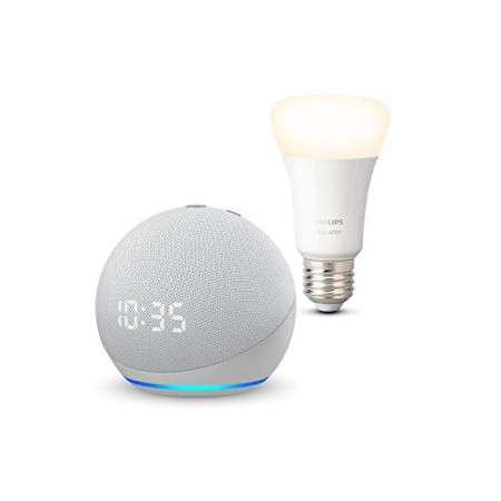 Echo Dot (4ª generazione) con orologio, Bianco ghiaccio + Philips Hue White Lampadina Connessa (E27), compatibile con Alexa