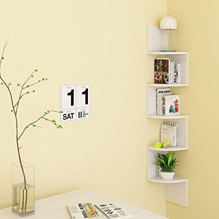 HOMFA Mensola da Muro ad angolo 5 Ripiani Scaffale Libri CD salvaspazio Mobile a parete Legno per camera soggiorno studio Bianco