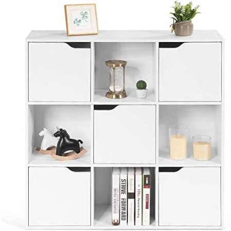 Goplus Mensola Libreria, Armadietto Libreria in Legno con 9 Cubi e 5 Ante, Mobile Scaffale Porta Libri CD per Soggiorno Camera d