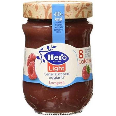 Hero Light Confettura Lamponi senza zuccheri aggiunti - 1 Confezione da 8 Vasi x 280 g