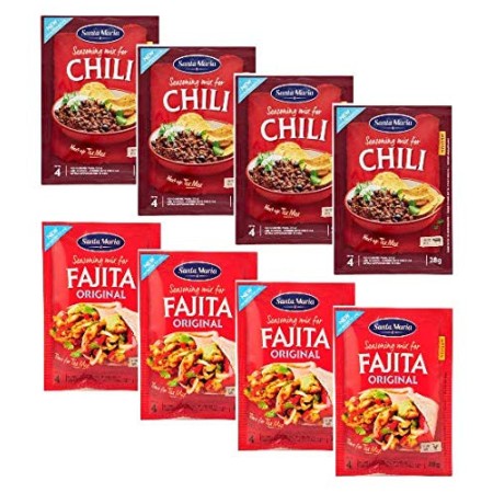 Santa Maria - 4 Buste di Mix di Spezie Condimento per Chili (16 porzioni) + 4 Buste di Spezie Miste per Tortilla e Farcitura di 