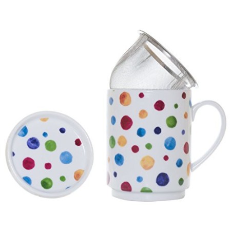 La Cija Dots - Tazza in Porcellana con Filtro in Acciaio Inox, Colore Bianco