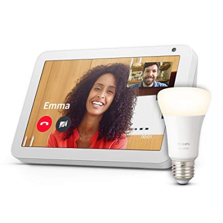 Echo Show 8, Tessuto grigio chiaro + Philips Hue White Lampadina Connessa (E27), compatibile con Alexa