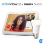 Echo Show 8, Tessuto grigio chiaro + Philips Hue White Lampadina Connessa (E27), compatibile con Alexa