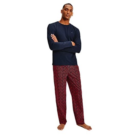Tommy Hilfiger CN LS Pant Woven Set Print Pigiama, Logo Sparso Rosso Primario, LG Uomo