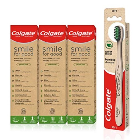 Colgate Kit Eco-Friendly con 3 Dentifrici Colgate Smile for Good Protection 75 ml e lo Spazzolino Colgate Bamboo Carbon
