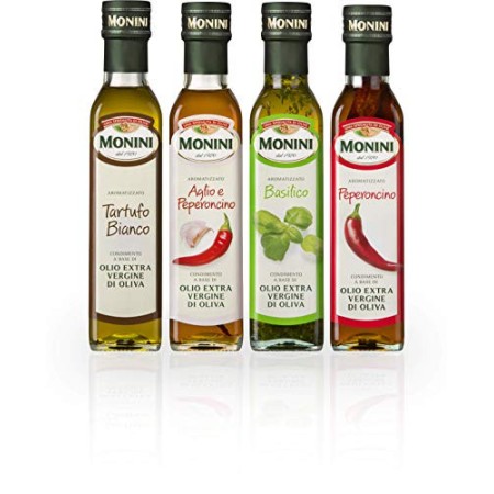 Monini Poker di Olii Extra Vergine di Oliva Aromatizzati, Tartufo Bianco, Aglio e Peperoncino, Basilico e Peperoncino - 4 x 250 