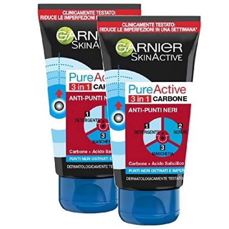 Garnier Maschera 3 in 1 Pure Active Intense, Azione 3 in 1: Maschera Viso Punti Neri, Gel Detergente e Scrub Viso con Carbone Ve