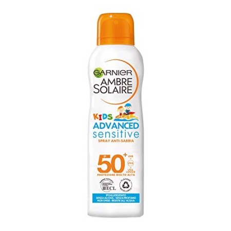 Garnier Ambre Solaire Spray Protettivo Anti-Sabbia IP 50+ Advanced Sensitive Kids, Protezione Molto Alta, Multi-Resistenza, 200 
