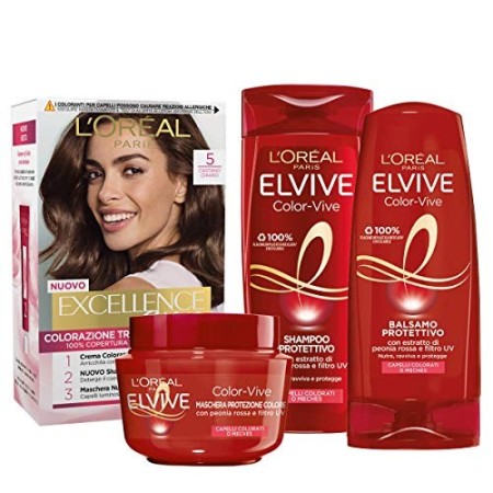L'Oréal Paris Kit Cura & Colore Capelli Castano, Box con Tinta Capelli Excellence Castano Chiaro 5, Shampoo, Balsamo e Maschera