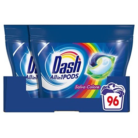 Dash All in 1 Pods Detersivo Lavatrice in Capsule, 96 Lavaggi (2 x 48), Salva Colore, Maxi Formato, Pulizia Profonda, Per Tutti 