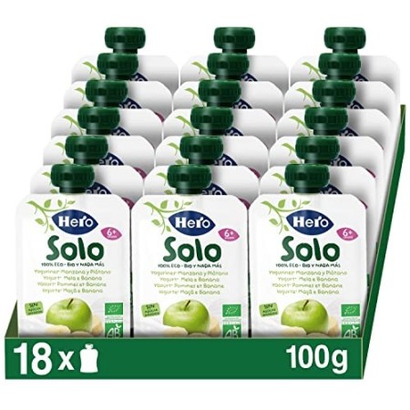 Hero Solo Pouch Yogurt Mela e Banana Bio, Cartone da 18 Pack x 100 Gr