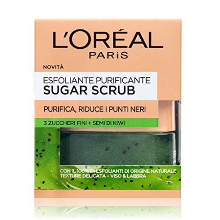 L'Oréal Paris Scrub Viso e Labbra Sugar Scrub, Esfoliante Purificante con Cristalli Fini di Zucchero e Semi di Kiwi, 50 ml, Con