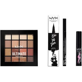 NYX Professional Makeup Kit Occhi, Epic Ink Liner, Set Make Up, Worth The Hype Mascara, Ultimate Shadow Palette Warm Neutrals
