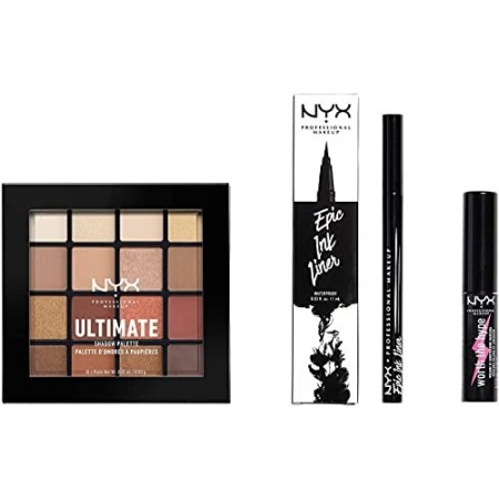NYX Professional Makeup Kit Occhi, Epic Ink Liner, Set Make Up, Worth The Hype Mascara, Ultimate Shadow Palette Warm Neutrals