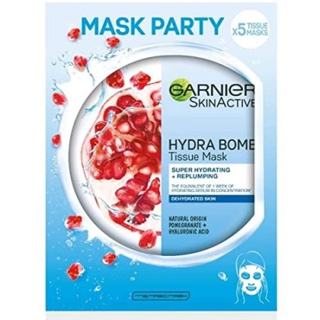 Garnier SkinActive, Maschera in tessuto super-idratante ed energizzante Hydra Bomb, Per pelli disidratate, Melograno, Confezione