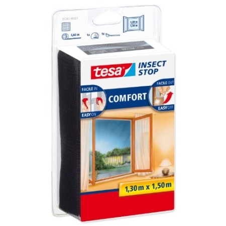 Tesa 55343 Insect Stop Attacca & Stacca Comfort per Finestre-Rete per Zanzariere con Nastro Adesivo a Strappo-Antracite, 130 cm 