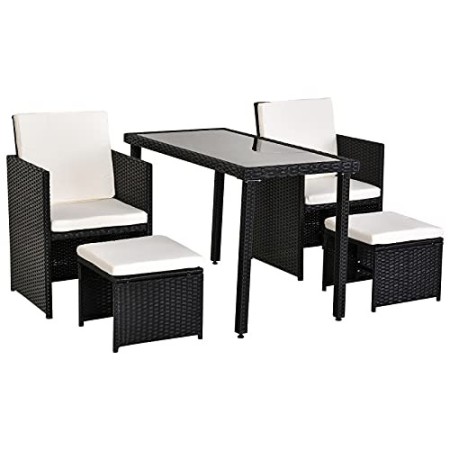 Outsunny Set Mobili da Giardino Rattan 5 Pezzi Tavolo 2 Sedie 2 Poggiapiedi con Cuscini Combinabili a Rettangolo