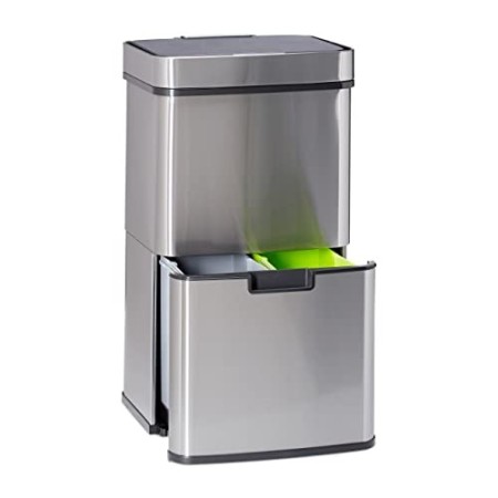 Relaxdays 10021222 Pattumiera Differenziatan con Sensore 60 L, 3 Scomparti, 2 Secchi Estraibili, Acciaio Inox HLP: 74,5 x 42 x 3