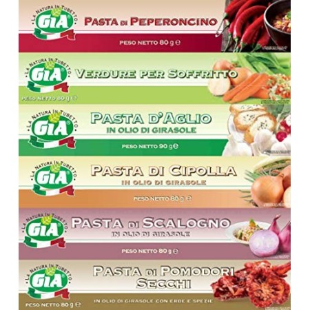 GIA pacco da 6 tubetti misti (Pasta di Peperoncino, Verdure per Soffritto, Pasta d'Aglio, Pasta di Cipolla, Pasta di Scalogno, P