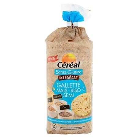 Céréal Gallette di Riso integrale, mais con Semi di chia, semi di lino, amaranto, Snack di riso integrale in tubo - 115 g