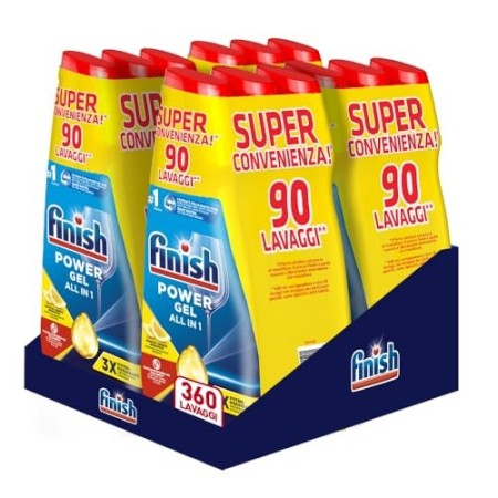 Finish Powergel Gel Detersivo per Lavastoviglie Liquido, Multiazione, Poteri Sgrassanti, Limone, 360 Lavaggi, 12 Confezioni da 3