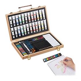 Relaxdays Naturale Valigetta con Kit da Pittura e Disegno Set da 56 Pezzi, Matite Gomma Temperino Colori ad Olio, Legno, 27 x 37