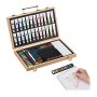 Relaxdays Naturale Valigetta con Kit da Pittura e Disegno Set da 56 Pezzi, Matite Gomma Temperino Colori ad Olio, Legno, 27 x 37