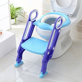 BAMNY Riduttore WC per Bambini con Scaletta Pieghevole, Kit Toilette Trainer Step Up con Cuscino Tenero Modello Universale (Azzu