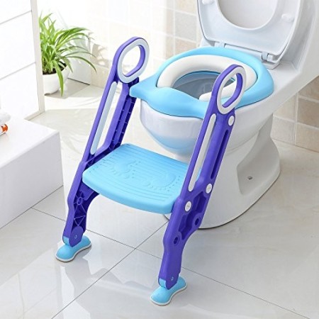BAMNY Riduttore WC per Bambini con Scaletta Pieghevole, Kit Toilette Trainer Step Up con Cuscino Tenero Modello Universale (Azzu