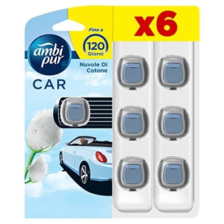 Ambi Pur Car Deodorante Auto Nuvole di Cotone, Freschezza Naturale, Mega Pack 6 x 2 ml