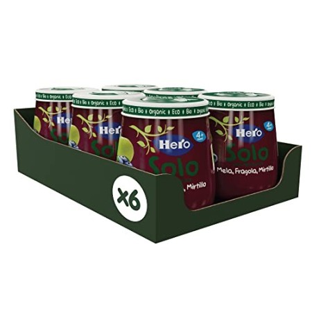 Hero Solo Omogeneizzati Mela, Fragola, Mirtillo Bio, Cartone da 6 Vasetti x 120 g