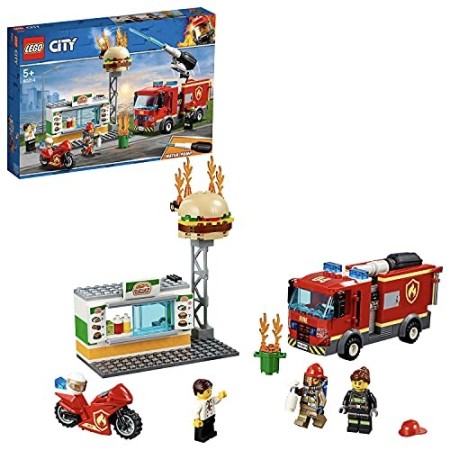LEGO City Fire Fiamme al Burger Bar, Set da Costruzione con Camion e Moto, Minifigura del Vigile del Fuoco e Accessori dell