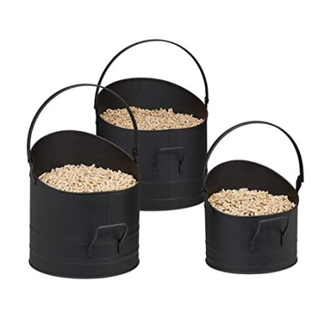 Relaxdays Ceste Porta Pellet, Set da 3 Contenitori ∅ ognuno 21, 25 & 30 cm, Cesto Manico & Impugnatura Pieghevole, Nero, 100% 