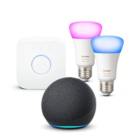 Echo Dot (4ª generazione), Antracite + Philips Hue Color Starter Kit 2 Lampadine Smart (E27), compatibile con Alexa