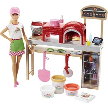 Barbie la Pizzeria con Bambola, Tavolo per Le Pizze, Forno e Pasta da Modellare, Giocattolo per Bambini 3 + Anni, FHR09, multico