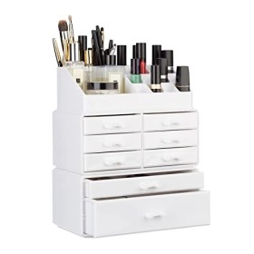 Relaxdays 10023135_49 Organizzatore Make-Up con Cassetti, Porta-Trucchi e Accessori, Acrilico, Bianco, 14 x 24 x 30 cm