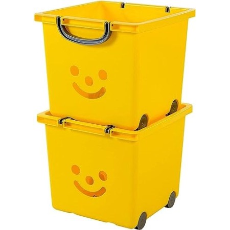 Iris Ohyama 135609 KCB-32 Smiley Kids Set di 2 cubi portaoggetti su rotelle plastica sunnyyellow/argento 33 x 32 x 35 cm