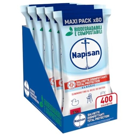 Napisan, 400 Salviette Igienizzanti, Multisuperfici e Biodegradabili, 5 Confezioni da 80 Pezzi, Formula 0%