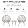 Outsunny Mobili da Giardino in Rattan Sintetico, Set 3 Pezzi Tavolino e Sedie da Giardino ed Esterno, Bianco Crema