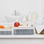 Relaxdays 10021173_49 Cestini da Bagno in Bambù 13 x 30 x 20 cm HxLxP Set 3 Contenitori da Scaffale con Fodera in Stoffa Bianco