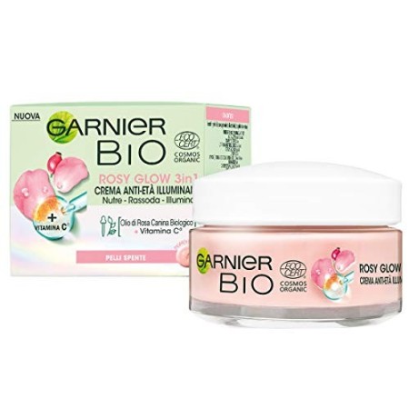 Garnier Bio Rosy Glow, Crema Rosa Idratante 3-in-1, Azione Nutriente, Rassodante e Illuminante, Arricchita con Olio di Rosa Cani