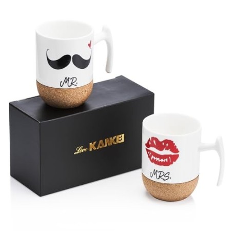 Love-KANKEI Mr and Mrs Tazze di Ceramica con Base in Sughero - Regali di Nozze/Regalo di San Valentino Uomo - Set di 2/10.5 oz