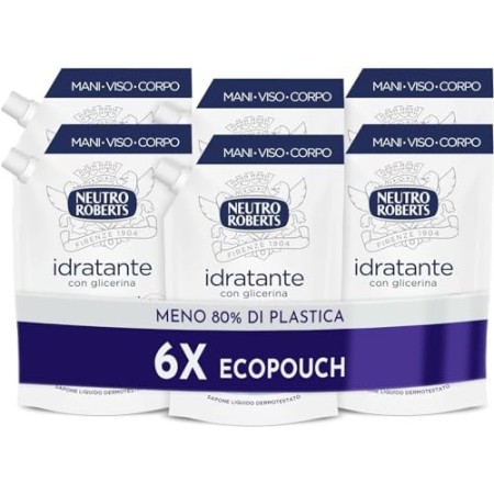 Neutro Roberts, Sapone Liquido Ecopouch Idratante Con Glicerina, Sapone Liquido Per Le Mani, Senza Sapone - 6 Flaconi da 400 ml