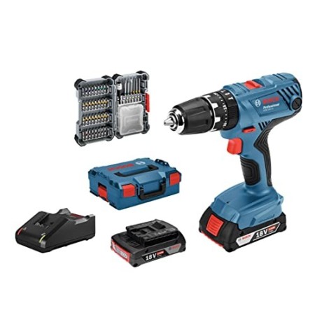 Bosch Professional Sistema Trapano Avvitatore con Percussione GSB 18V-21, Batteria 2x2.0 Ah, Set di Accessori da 40 Pezzi, in L-
