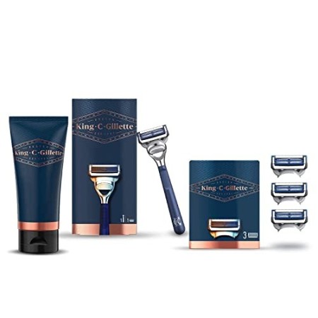 King C. Gillette Set per la Cura della Barba Uomo, Rasoio per il Collo + 3 Lamette di Ricambio + Gel da Rasatura Trasparente con