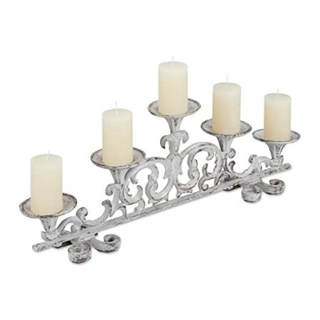 Relaxdays Portacandele Antico, a 5 bracci candelabro, Shabby Chic, vintage, HLP 20x59x9,5 cm, Bianco