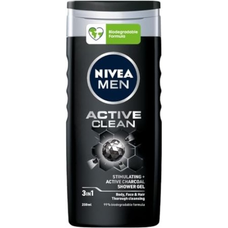 NIVEA MEN Active Clean Doccia Shampoo in confezione da 6 x 250 ml, Bagnoschiuma uomo per corpo, viso e capelli, Shampoo uomo con